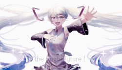 Rule 34 | 1girl, absurdres, air (airzzz ), aqua hair, aqua necktie, armpits, arms up, bad id, bad pixiv id, black sleeves, blue eyes, blush, detached sleeves, english text, grey shirt, hair between eyes, hatsune miku, highres, long hair, necktie, open mouth, shirt, simple background, smile, solo, sparkle, twintails, upper body, very long hair, vocaloid, white background