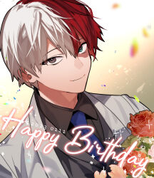 Rule 34 | 1boy, absurdres, birthday, black outline, black shirt, blue eyes, blue necktie, blurry, blurry foreground, boku no hero academia, bouquet, burn scar, closed mouth, collared shirt, confetti, dutch angle, eyes visible through hair, flower, foreground text, formal, gradient background, grey jacket, hair between eyes, happy, happy birthday, heterochromia, highres, holding, holding bouquet, jacket, lapels, looking at viewer, looking to the side, makuro, male focus, multicolored hair, necktie, outline, red flower, red hair, red rose, rose, sanpaku, scar, scar on face, shawl lapels, shirt, short hair, sideways glance, smile, solo, sparkle, split-color hair, split mouth, straight hair, text focus, timestamp, todoroki shouto, tuxedo, two-tone hair, upper body, waistcoat, white background, white hair, wing collar