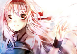 Rule 34 | 10s, 1girl, bad id, bad pixiv id, blush, hair ribbon, japanese clothes, kantai collection, looking at viewer, muneate, personification, red eyes, ribbon, shizuki aya, shoukaku (kancolle), silver hair, smile, solo, white background, wrist cuffs