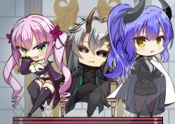 Rule 34 | 1boy, 2girls, black pantyhose, black skirt, black suit, black thighhighs, blue hair, blush, breasts, cape, chibi, chibi only, cleavage, commentary request, crossed legs, demon boy, demon girl, demon horns, eyelashes, eyes visible through hair, fang, flower, formal, frilled sleeves, frills, green eyes, grey eyes, grey hair, hair between eyes, hair flower, hair ornament, hand to own mouth, hand up, head rest, heterochromia, highres, horns, indoors, kohibari kurumi, large breasts, long hair, long sleeves, looking at viewer, multiple girls, official alternate costume, official alternate hairstyle, open mouth, pantyhose, pencil skirt, pink hair, ponytail, red flower, reiji tsukimi, skin fang, skirt, sley (tenshi souzou re-boot!), smile, smirk, suit, tanikaze amane, tanikaze riku, tenshi souzou re-boot!, thighhighs, tsurime, twintails, very long hair, viz (tenshi souzou re-boot!), white cape, wide sleeves, yellow eyes