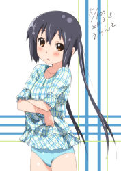 Rule 34 | 1girl, 2011, black hair, brown eyes, dated, errant, k-on!, long hair, nakano azusa, solo, swimsuit, swimsuit under clothes, twintails, undressing