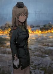 Rule 34 | 10s, 1girl, absurdres, aged down, bad id, bad twitter id, battle, belt, brown eyes, buckle, closed mouth, commentary request, fire, flag, girls und panzer, gloves, grass, grey sky, hair between eyes, hair over one eye, hat, highres, light brown hair, long hair, long sleeves, looking at viewer, military, military hat, military uniform, military vehicle, motor vehicle, mud, outdoors, pencil skirt, rain, shimada chiyo, skirt, sky, solo, tank, tomiya (tomiya2117), torn clothes, torn skirt, uniform, wet, white flag, white gloves