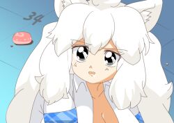 Rule 34 | 1girl, animal ear fluff, animal ears, bishoujo senshi sailor moon, bishoujo senshi sailor moon s, blush, breasts, cleavage, collared shirt, commentary request, derivative work, food, grey eyes, itou ikuko (style), japari bun, kemono friends, large breasts, lets0020, lion ears, lion girl, long hair, looking at viewer, medium bangs, meme, numbered, open mouth, sailor moon redraw challenge (meme), screenshot redraw, shirt, sidelocks, solo, tile floor, tiles, upper body, white hair, white lion (kemono friends), white shirt