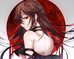 Rule 34 | 1girl, back, bare shoulders, black dress, breasts, brown hair, choker, dress, earrings, fate/grand order, fate (series), jewelry, long hair, looking at viewer, looking back, parted lips, red eyes, solo, strapless, strapless dress, underboob, xionfes, yu mei-ren (fate)