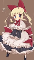 Rule 34 | 1girl, apron, blonde hair, blue eyes, blue footwear, blue skirt, blush, bow, bowtie, brown background, capelet, frilled apron, frilled ribbon, frilled sleeves, frills, full body, hair bow, highres, long hair, long sleeves, no mouth, no nose, pantyhose, pointy ears, puppet strings, red bow, red bowtie, red ribbon, ribbon, shanghai doll, shoes, simple background, skirt, solo, striped clothes, striped legwear, striped pantyhose, striped skirt, touhou, usamata, vertical-striped clothes, vertical-striped legwear, vertical-striped pantyhose, white apron, white legwear, wide sleeves