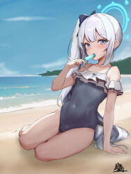 Rule 34 | 1girl, arm support, beach, blue archive, blue halo, blue one-piece swimsuit, blush, breasts, cameltoe, casual one-piece swimsuit, commentary request, covered navel, food in mouth, frilled one-piece swimsuit, frills, halo, highres, holding food, holding popsicle, licking, long hair, miyako (blue archive), miyako (swimsuit) (blue archive), ocean, off-shoulder one-piece swimsuit, off shoulder, official alternate costume, one-piece swimsuit, outdoors, partial commentary, popsicle, purple eyes, revision, side ponytail, sitting, small breasts, solo, swimsuit, two-tone one-piece swimsuit, two-tone swimsuit, variant set, white hair, windon, yokozuwari