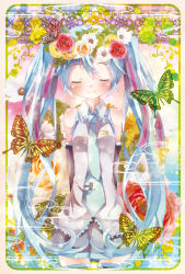 Rule 34 | 1girl, aqua hair, arms behind back, bug, butterfly, closed eyes, detached sleeves, female focus, flower, gradient background, hair flower, hair ornament, hatsune miku, highres, insect, long hair, necktie, plant, skirt, smile, solo, thighhighs, tottsuan, twintails, very long hair, vocaloid