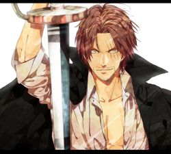 Rule 34 | 1boy, bad id, bad pixiv id, black jacket, jacket, jacket on shoulders, letterboxed, light, male focus, mcr, one piece, open clothes, open collar, open shirt, pirate, red hair, saber (weapon), scar, shanks (one piece), shirt, solo, sword, weapon, white shirt, yellow eyes