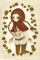 Rule 34 | 1girl, bad id, bad pixiv id, bow, braid, brown hair, brown pantyhose, cloak, green eyes, grimm&#039;s fairy tales, hood, little red riding hood, little red riding hood (grimm), mizutamako, mushroom, pantyhose, pantyhose under shorts, patterned legwear, shorts, solo, striped clothes, striped pantyhose, twin braids, vertical-striped clothes, vertical-striped pantyhose, wrist cuffs