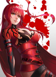 Rule 34 | 1girl, ahoge, artist request, blood, bloody queen (elsword), breasts, cleavage, commentary, elbow gloves, elesis (elsword), elsword, from side, gloves, large breasts, long hair, looking at viewer, orange eyes, red hair, smile, solo, tattoo