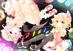 Rule 34 | 2girls, asymmetrical wings, bat wings, black legwear, black wings, blonde hair, blush, bobby socks, bow, crystal, dress, fang, flandre scarlet, floating, hair bow, hat, light purple hair, looking at viewer, mary janes, multiple girls, open mouth, outstretched arms, outstretched hand, pink dress, red eyes, red skirt, remilia scarlet, ribbon, shoes, short hair, side ponytail, skirt, smile, socks, thighhighs, thighs, toadstool (natadekoko), touhou, wings
