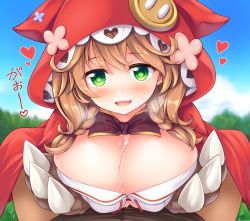 Rule 34 | 1girl, blurry, blurry background, blush, braid, breasts, brown hair, buttons, cleavage, cloak, commentary request, cum, cum on body, cum on breasts, cum on upper body, flower, green eyes, heart, hood, hooded cloak, large breasts, looking at viewer, medium hair, nijisanji, open mouth, oppai loli, paizuri, ribbon, solo focus, uni8, virtual youtuber, warabeda meijii, warabeda meijii (1st costume), wolf paws