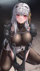 Rule 34 | 1girl, absurdres, armor, blush, bodysuit, breasts, cleavage, fingerless gloves, gloves, goddess of victory: nikke, grey hair, hair ribbon, hairband, highres, kneeling, large breasts, long hair, looking at viewer, modernia (nikke), red eyes, ribbon, see-through, see-through cleavage, shoulder armor, signature, skin tight, solo, white hairband, yabacha, yellow ribbon