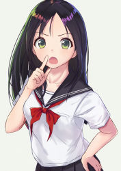Rule 34 | &gt;:o, 1girl, :o, black hair, black skirt, blush, green background, green eyes, hand on own hip, highres, index finger raised, itachi kanade, long hair, looking at viewer, neckerchief, open mouth, original, parted bangs, pleated skirt, red neckerchief, school uniform, serafuku, short sleeves, simple background, skirt, solo, tareme, upper body, v-shaped eyebrows