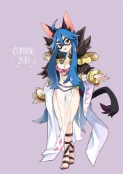 Rule 34 | animal ears, argyle, argyle clothes, argyle dress, belt, blue hair, dress, gluteal fold, goinkyo, highres, jewelry, liricolilium, mask, necklace, no panties, ragnarok online, sandals, see-through, see-through dress, smile, sorcerer (ragnarok online), thigh gap, tongue, tongue out