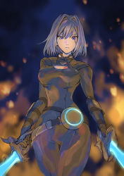 Rule 34 | 1girl, absurdres, blue eyes, breast tattoo, breasts, dual wielding, ethel (xenoblade), highres, holding, holding sword, holding weapon, short hair, solo, sword, tattoo, ug333333, weapon, xenoblade chronicles (series), xenoblade chronicles 3, aged down