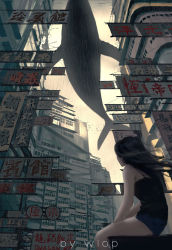 Rule 34 | 1girl, artist name, bare arms, bare shoulders, bird, black dress, black hair, blue shorts, building, city, commentary request, day, dress, facing away, flock, flying whale, from behind, highres, long hair, outdoors, scenery, short shorts, shorts, sign, sky, solo, whale, wind, wlop, yellow sky