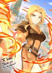 Rule 34 | 1girl, armor, belt, blonde hair, breastplate, brigid (fire emblem), buckle, closed mouth, eyvel, fire, fire emblem, fire emblem: thracia 776, highres, holding, holding sword, holding weapon, long hair, long sleeves, looking at viewer, nintendo, parted bangs, shoulder armor, solo, sword, upper body, weapon, yellow eyes, yukia (firstaid0)