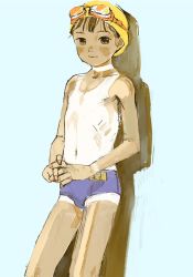 Rule 34 | 1boy, blue male swimwear, blue swim briefs, blush, brown eyes, brown hair, child, eikoh, goggles, goggles on head, highres, looking at viewer, male focus, male school swimsuit, male swimwear, nail polish, name tag, navel, original, own hands together, solo, swim briefs, swim cap, swimsuit, tan, tanline, topless, topless male, yellow headwear