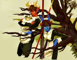 Rule 34 | 2girls, absurdres, bchan1582, black nails, blue skin, colored skin, double-parted bangs, earrings, highres, horns, jewelry, lance, mace, maid, multiple girls, pointy ears, polearm, red skin, tree, weapon, yellow eyes