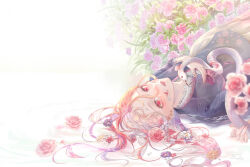 Rule 34 | 1girl, artist name, blurry, blurry foreground, commentary, dated, drawing, english commentary, flower, foru78, gradient hair, hair between eyes, hanbok, in water, korean clothes, looking at viewer, lying, multicolored hair, on back, original, outdoors, petals, pink hair, rose, snake, solo, water, white hair