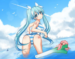 Rule 34 | 1girl, ass, bad id, bad pixiv id, bent over, bird, blue eyes, blue hair, cloud, contrail, day, from behind, hatsune miku, long hair, looking back, megurine luka, one-piece swimsuit, sei000, sky, smile, solo, spring onion, striped, swimsuit, takoluka, twintails, very long hair, vocaloid, wading, water