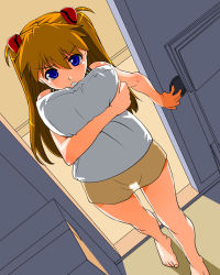 Rule 34 | 1girl, bare legs, bare shoulders, barefoot, blue eyes, blush, breasts, brown hair, door, hair ornament, highres, interface headset, long hair, looking at viewer, neon genesis evangelion, hugging object, open mouth, pajamas, pillow, pillow hug, shinama, shiny skin, simple background, solo, souryuu asuka langley, two side up