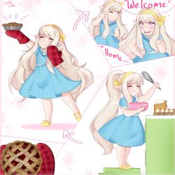 Rule 34 | 1950s (style), 1girl, absurdres, warrior of light (ff14), blonde hair, cooking, dress, final fantasy, final fantasy xiv, food, headband, highres, lalafell, long hair, pastel colors, petite, pie, pointy ears, polka dot, self-upload, sign language, smile, spooky-dollie, very long hair, vintage clothes, whisk