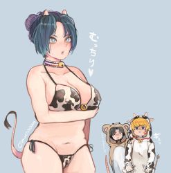 Rule 34 | 1boy, 2girls, :o, animal costume, animification, annoyed, apex legends, bikini, black eyes, black gloves, black hair, blonde hair, blue background, blue eyes, blue hair, blush, breasts, cleavage, collarbone, cow costume, cow girl, cow horns, cow tail, crypto (apex legends), gloves, hand on another&#039;s shoulder, highres, horns, medium breasts, mouse costume, multiple girls, navel, oinu-chan, onesie, open mouth, parted hair, partially fingerless gloves, smile, sweat, swimsuit, tail, wattson (apex legends), white gloves, wraith (apex legends)