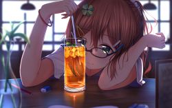Rule 34 | 1girl, blurry, blurry foreground, bracelet, brown hair, clover hair ornament, commentary request, cup, depth of field, drinking glass, drinking straw, enuni, eraser, four-leaf clover hair ornament, glasses, green eyes, hair ornament, hairclip, head rest, highres, jewelry, original, pencil, school uniform, serafuku, solo, table