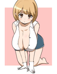 Rule 34 | 10s, 1girl, all fours, barefoot, blonde hair, breasts, brown eyes, cleavage, female focus, gloves, hanging breasts, huge breasts, looking at viewer, narusawa ryouka, occultic;nine, orange hair, pants, shirt, short hair, shorts, simple background, solo, toranoko, white gloves