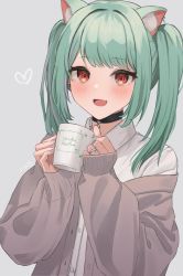 Rule 34 | 1girl, :d, absurdres, animal ears, blush, cardigan, cat ears, choker, coffee mug, commentary request, cup, fang, green hair, grey background, hanazawa ma, highres, hololive, jewelry, long hair, long sleeves, looking at viewer, mug, open cardigan, open clothes, open mouth, red eyes, ring, signature, simple background, skin fang, smile, solo, twintails, upper body, uruha rushia, virtual youtuber