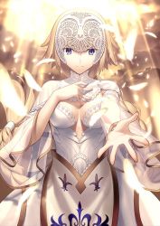 Rule 34 | 1girl, blonde hair, blue eyes, braid, closed mouth, cloud, detached sleeves, dress, falling feathers, fate/grand order, fate (series), feathers, fleur-de-lis, headpiece, jeanne d&#039;arc (fate), jeanne d&#039;arc (lostroom outfit) (fate), jeanne d&#039;arc (ruler) (fate), light rays, long hair, looking at viewer, lostroom outfit (fate), official alternate costume, official art, reaching, reaching towards viewer, single braid, smile, solo, sunbeam, sunlight, takeuchi takashi, white dress, white sleeves