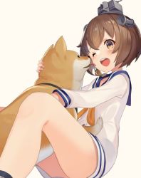 Rule 34 | 1girl, brown eyes, brown hair, dog, dress, happy, headgear, headset, kantai collection, km yama, licking, neckerchief, one eye closed, open mouth, sailor dress, shiba inu, short hair, simple background, speaking tube headset, teeth, upper teeth only, white background, yellow neckerchief, yukikaze (kancolle)