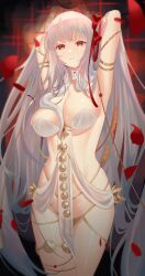 Rule 34 | 1girl, absurdres, armlet, armpits, arms behind head, arms up, bare shoulders, belly chain, blush, body markings, bracelet, breasts, cherrymaru, cleavage, collarbone, colored skin, durga (fate), earrings, facial mark, fate/grand order, fate (series), forehead mark, gradient skin, grey hair, hair ribbon, highres, jewelry, large breasts, long hair, looking at viewer, parted lips, pelvic curtain, red eyes, red skin, revealing clothes, ribbon, sash, snake, solo, thighs, thumb ring, very long hair