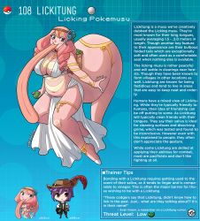 Rule 34 | 1boy, 1girl, artist name, breasts, character name, character profile, character sheet, colored skin, commentary, creatures (company), english commentary, english text, game freak, gen 1 pokemon, hat feather, highres, kinkymation, large breasts, lickitung, long hair, long tongue, monster girl, nintendo, personification, pink hair, pink skin, poke ball, poke ball (basic), pokemon, purple hair, solo, tongue, tongue out, very long tongue