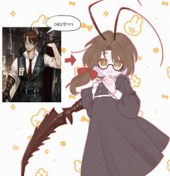 Rule 34 | 1boy, antennae, black dress, bow, brown eyes, brown hair, character sheet, crossdressing, dress, facial hair, glasses, gregor (project moon), hair bow, highres, limbus company, long sleeves, looking at viewer, low ponytail, multiple views, project moon, puffy long sleeves, puffy sleeves, red bow, simple background, single sleeve, stubble, tk lc, white background