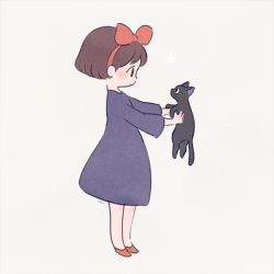Rule 34 | 1girl, animal, artist name, ayu (mog), black cat, blush, bow, brown eyes, brown hair, cat, closed mouth, dress, eye contact, eyebrows, female focus, flat color, full body, hair bow, hairband, holding, holding animal, jiji (majo no takkyuubin), kiki (majo no takkyuubin), legs together, long sleeves, looking at another, majo no takkyuubin, matching hair/eyes, profile, red footwear, shoes, short hair, simple background, smile, solo, standing, star (symbol), studio ghibli, white background