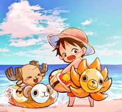 Rule 34 | &gt; &lt;, 2boys, antlers, black hair, blush stickers, chibi, closed eyes, commentary request, hat, horns, innertube, looking at viewer, magu pink, male focus, merry (one piece), monkey d. luffy, multiple boys, ocean, one piece, open mouth, reindeer antlers, sand, scar, scar on face, short hair, signature, sky, straw hat, swim ring, thousand sunny, tony tony chopper
