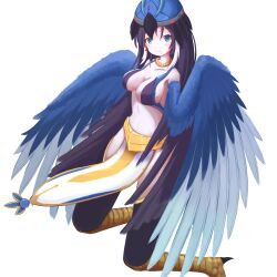 Rule 34 | 1girl, alternate skin color, bird legs, black thighhighs, blue eyes, blue feathers, blue wings, blush, breasts, duel monster, feathers, feerene, harpy, hat, highres, large breasts, long hair, lyrilusc - ensemblue robin, monster girl, navel, pelvic curtain, purple hair, simple background, smile, solo, talons, thighhighs, very long hair, white background, winged arms, wings, yu-gi-oh!, yu-gi-oh! arc-v