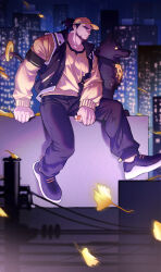 Rule 34 | 1boy, absurdres, alternate costume, autumn leaves, baimeme, bara, baseball cap, beard, black hair, cityscape, contemporary, dog, dungeon and fighter, earphones, facial hair, falling leaves, full body, hat, high ponytail, highres, large pectorals, leaf, long sleeves, looking to the side, male focus, male priest (dungeon and fighter), mature male, medium hair, monk (dungeon and fighter), muscular, muscular male, pectorals, priest (dungeon and fighter), shirt, shoes, sideburns, sitting, sneakers, solo, thick eyebrows, yellow shirt