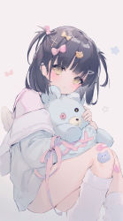 Rule 34 | 1girl, bandaid, bandaid on knee, bandaid on leg, bear hair ornament, black hair, blue jacket, blush, bow, brown eyes, closed mouth, commentary, feet out of frame, grey background, hair bow, hair ornament, hairclip, highres, jacket, kneehighs, knees up, long sleeves, looking at viewer, loose socks, hugging object, open clothes, open jacket, original, pink bow, pink shirt, puffy long sleeves, puffy sleeves, shirt, simple background, sleeves past wrists, smile, socks, solo, stuffed animal, stuffed toy, suzumori uina, symbol-only commentary, teddy bear, thighs, two side up, white socks, x hair ornament, yellow bow