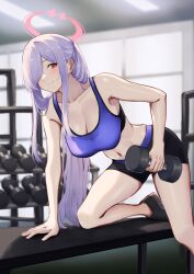 Rule 34 | 1girl, 3 small spiders, absurdres, bench, black footwear, black shorts, blush, breasts, closed mouth, crescent halo, dumbbell, exercising, gym, hair over one eye, halo, highres, holding dumbbell, indoors, large breasts, long hair, navel, pink halo, purple hair, purple sports bra, red eyes, second-party source, shoes, shorts, smile, solo, sports bra, v&amp;u entertainment, very long hair, virtual youtuber, yurikago kokone