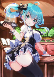 1girl ahoge ass black_bow black_skirt black_thighhighs blue_eyes blue_hair book bow breasts closed_mouth crossed_bangs cup drinking_glass frilled_skirt frills furrowed_brow green_eyes hair_between_eyes hair_bow high-waist_skirt highres holding holding_saucer indoors long_hair medium_breasts miniskirt multicolored_eyes omochishiki open_book original pink_eyes puffy_short_sleeves puffy_sleeves restaurant saucer shirt short_sleeves skirt solo suspender_skirt suspenders table thighhighs towel twintails waitress white_shirt wiping_table wooden_wall wrist_cuffs