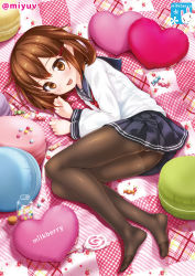 Rule 34 | 10s, 1girl, black pantyhose, brown eyes, brown hair, candy, circle name, commentary request, eyebrows, fang, feet, female focus, food, food-themed ornament, from side, hair ornament, hairclip, heart, heart-shaped pillow, ikazuchi (kancolle), jar, kantai collection, kisaragi miyu, lollipop, looking at viewer, lying, macaron, no shoes, on side, open mouth, panties, panties under pantyhose, pantyhose, pillow, pleated skirt, quilt, school uniform, serafuku, short hair, skirt, smile, solo, swirl lollipop, twitter username, underwear