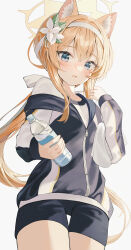 Rule 34 | 1girl, absurdres, animal ears, blue archive, blue eyes, bottle, fox ears, gym shirt, gym shorts, gym uniform, halo, highres, mari (blue archive), mari (track) (blue archive), official alternate costume, shirt, shorts, solo, thighs, water bottle, yongyong (yongyong7578)