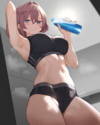 Rule 34 | 1girl, absurdres, arm up, armpits, bad anatomy, bare arms, bare shoulders, black buruma, blue eyes, bottle, breasts, brown hair, buruma, commentary, cream bread, english commentary, groin, hair between eyes, hair intakes, hand up, highres, holding, holding bottle, honkai (series), honkai impact 3rd, lantern (honkai impact), looking at viewer, medium breasts, navel, parted lips, solo, steam, sweat, water bottle