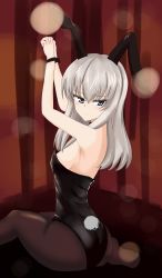 Rule 34 | 1girl, aikir (jml5160), animal ears, arms up, bare shoulders, beads, blurry, bokeh, breasts, depth of field, expressionless, fake animal ears, female focus, from behind, girls und panzer, grey hair, hair beads, hair ornament, highres, itsumi erika, leotard, long hair, looking at viewer, medium breasts, pantyhose, playboy bunny, rabbit ears, rabbit tail, restrained, sideboob, solo, tail