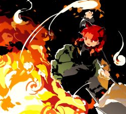 Rule 34 | 1girl, animal ears, black background, black bow, bow, braid, cat ears, darkness, dress, explosion, extra ears, fire, ghost, glowing, green dress, hand up, highres, hitodama, kaenbyou rin, kaigen 1025, lava, open mouth, red eyes, red hair, slit pupils, smile, solo, sparks, touhou, twin braids, wheelbarrow