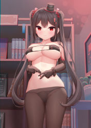 Rule 34 | 1girl, bachibachi (tisen), bare shoulders, bikini, black bikini, black gloves, black hair, black panties, bookshelf, breasts, brown pantyhose, cleavage, collarbone, cowboy shot, elbow gloves, eyepatch bikini, gloves, hair ornament, hands on own stomach, hat, highres, indoors, large breasts, long hair, looking at viewer, mini hat, navel, original, panties, panties under pantyhose, pantyhose, red eyes, sidelocks, skindentation, smile, solo, standing, stomach, strap gap, string bikini, string panties, swimsuit, top hat, twintails, underwear, very long hair